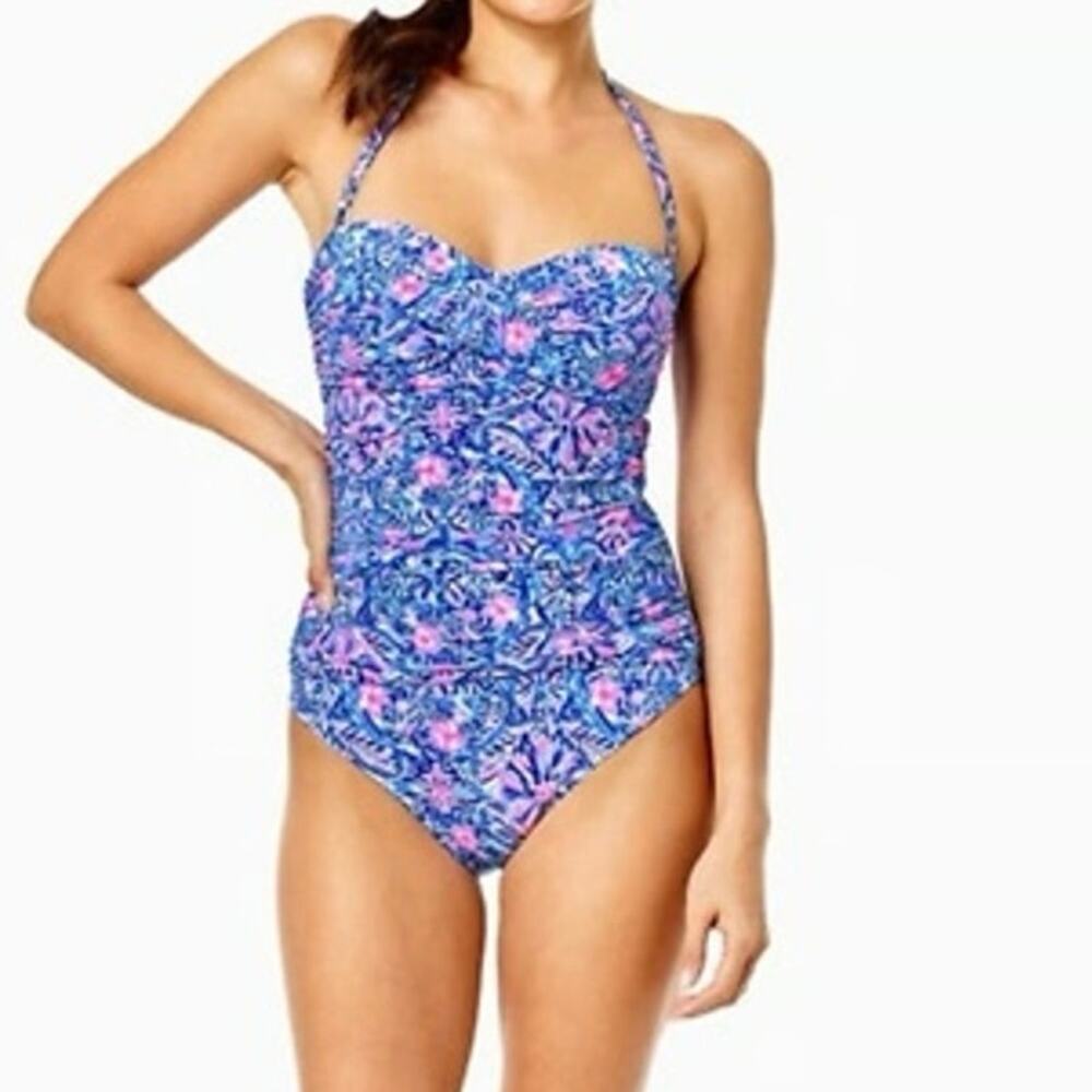 Floral Blue Pink One-Piece Halter Swimsuit